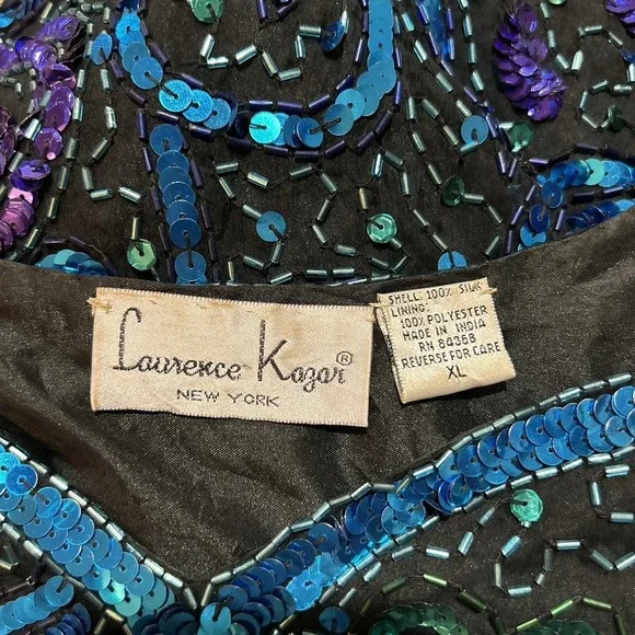 Laurence Kazar Top XL Blue Silk Blouse Sequined Beaded Vintage VTG 80s Scalloped - Picture 12 of 12